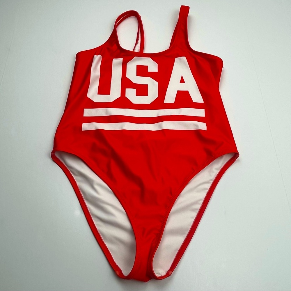 Chubbies Patriotic One Piece Swimsuit‎ Womens Size Large Res White USA Summer